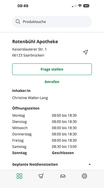 Screenshot des Kundenservice der Rotenbühl Apotheke-App mit Service-Optionen wie Öffnungszeiten, Rezept senden, Route planen und Benachrichtigungsfunktion.